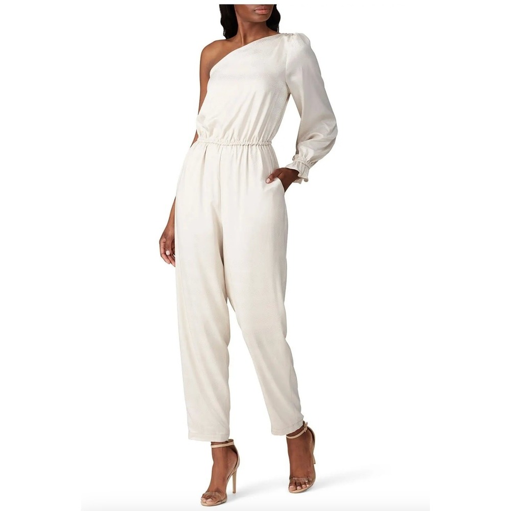 Love Whit Jumpsuit‎ Womens 4 Ivory One Shoulder Satin Jacquard Cocktail